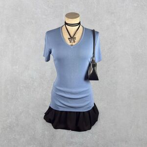 ICO Light Blue V-Neck Short Sleeve Mesh Knit Top